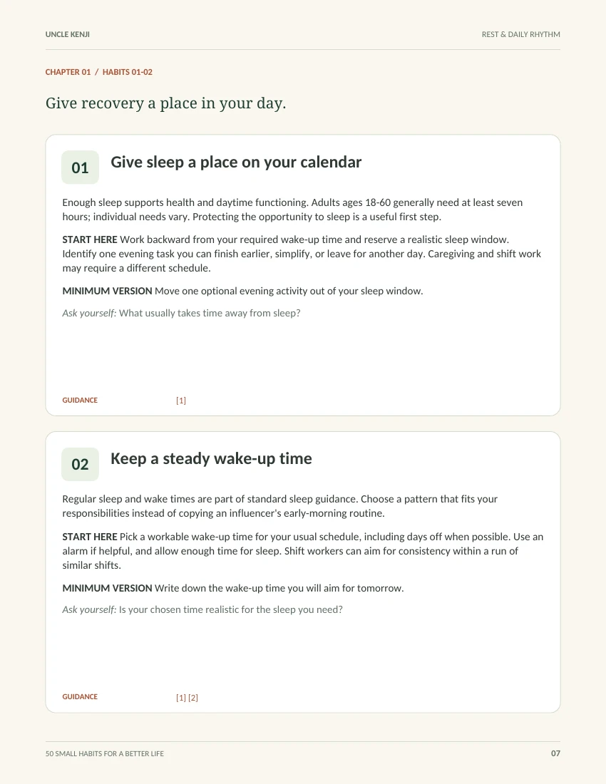 Actual ebook page with habits 01 and 02, including starting steps and minimum versions